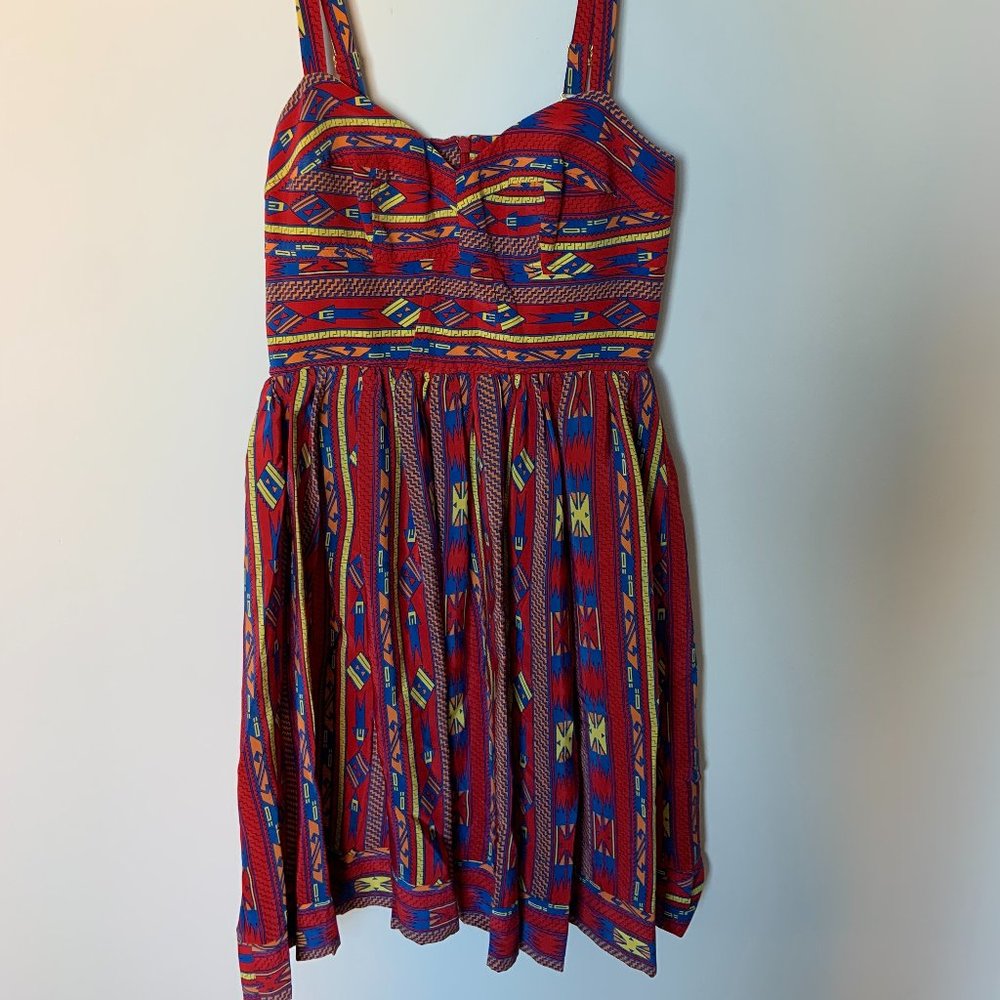 Amanda Uprichard 100% Silk Aztec Print Mini Dress Tribal Pattern Boho Smocked